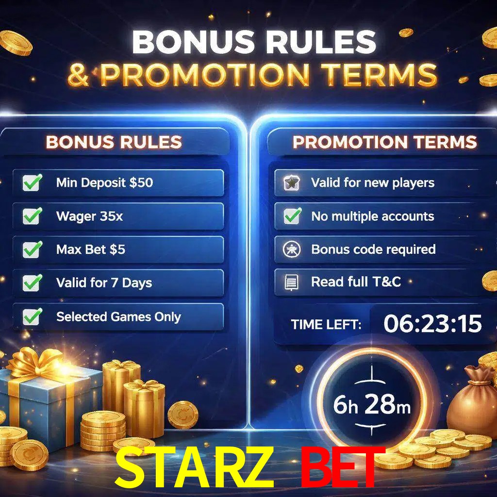 Reglas de promoción STARZ BET y condiciones de bonos explicadas visualmente