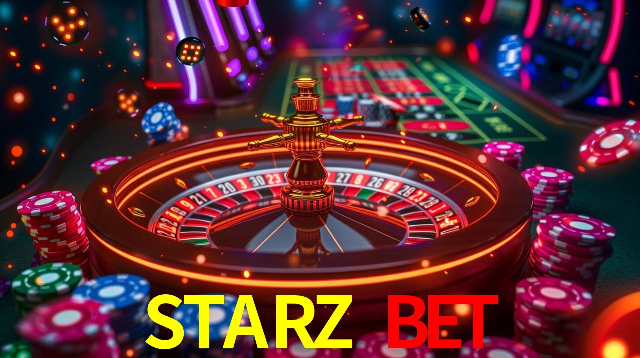 Una escena digital vívida inspirada en casino con STARZ BET mostrado prominentemente, luces brillantes, fichas, cartas y acentos dorados.