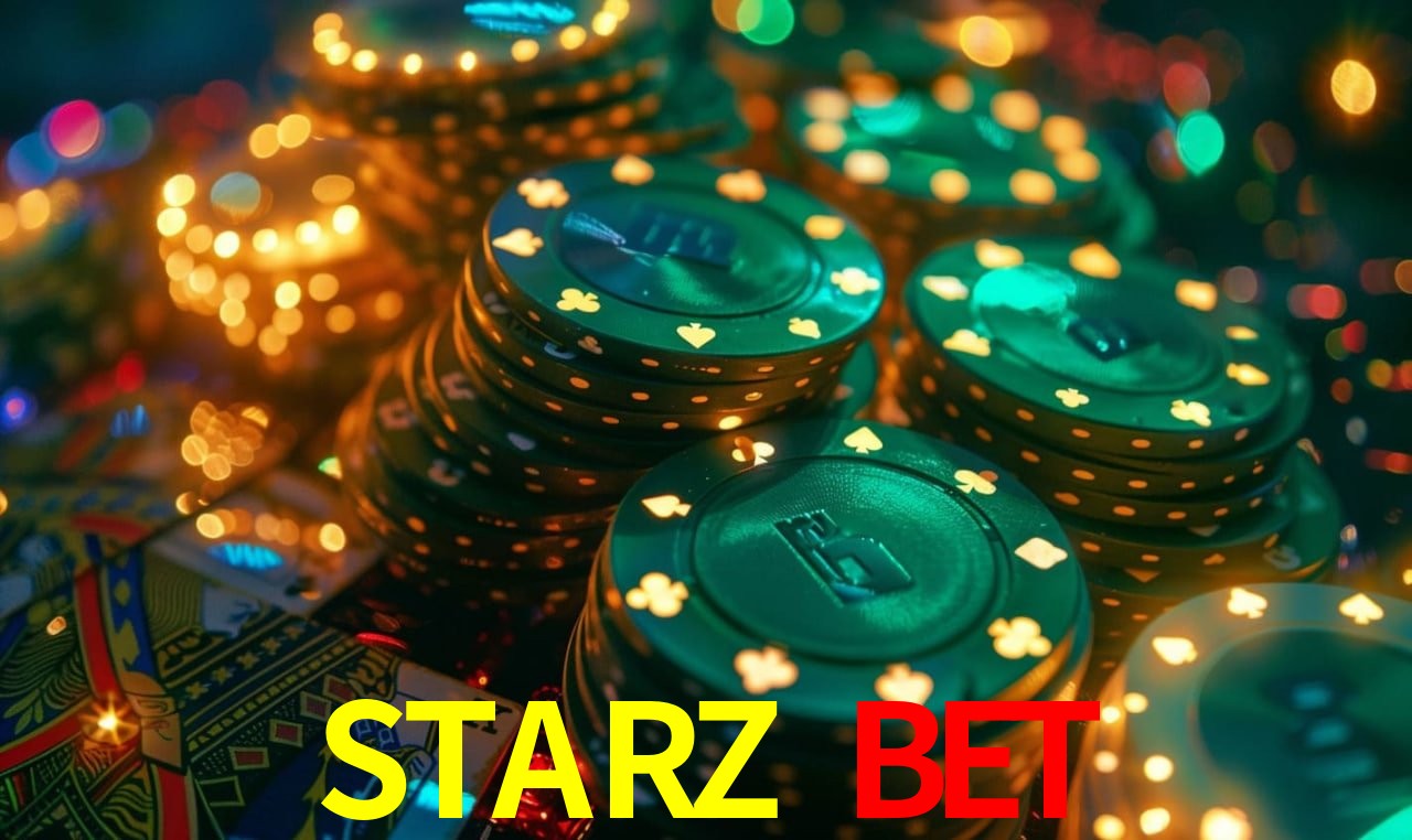 Escena dinámica inspirada en casino con iluminación STARZ BET, cartas, fichas e íconos de juegos digitales en un espacio moderno de juegos.
