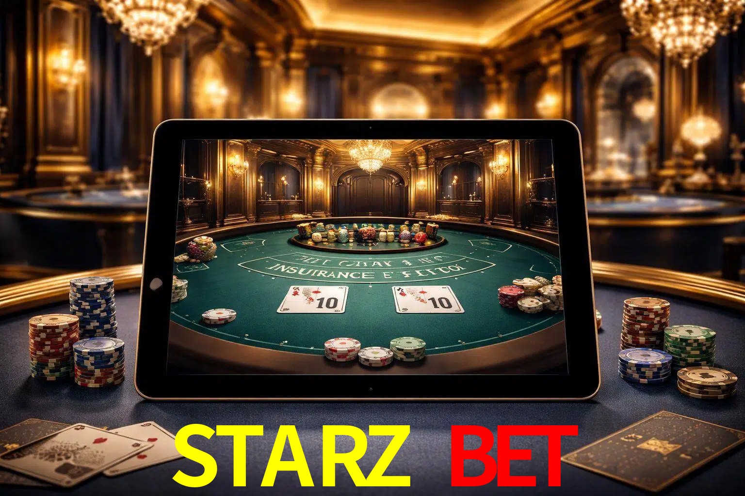Configuración moderna de casino en vivo con una tableta mostrando una mesa de blackjack, luces cálidas de estudio y una atmósfera elegante de juegos digitales.