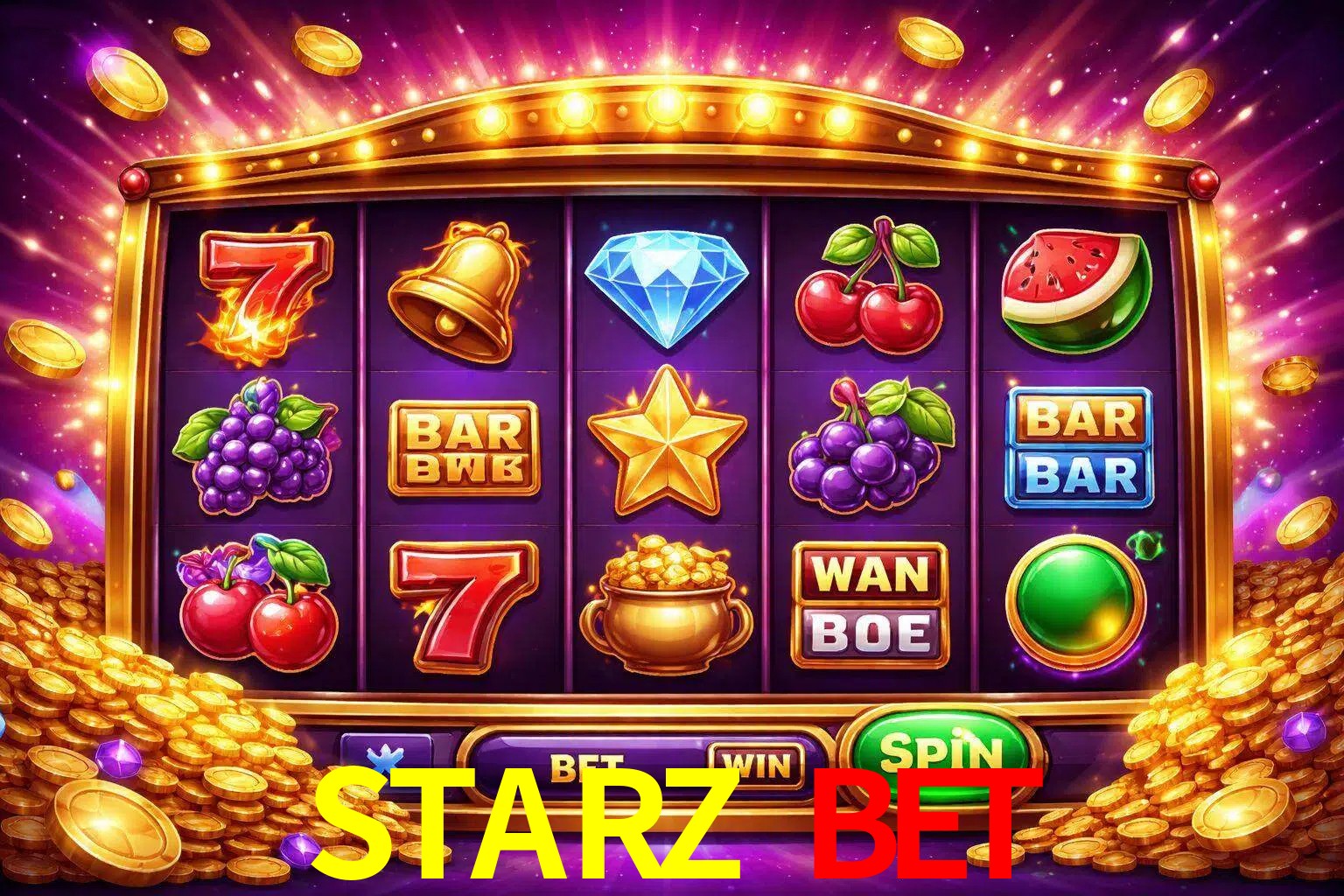 Una interfaz colorida de tragamonedas en línea con símbolos brillantes, monedas y un efecto de victoria celebratoria en STARZ BET.