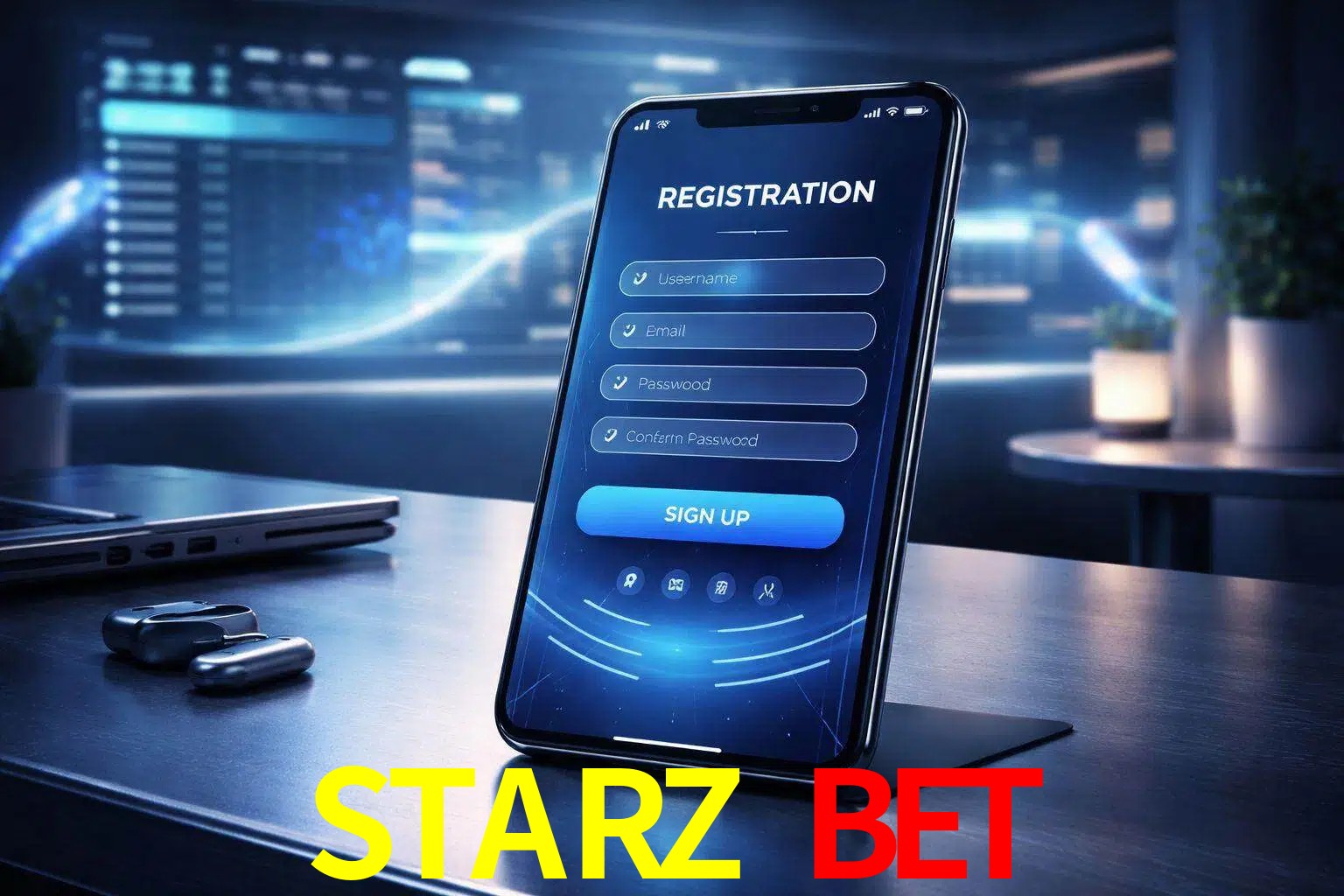 Una interfaz moderna de registro móvil para STARZ BET mostrada en un smartphone con un panel de apuestas elegante.